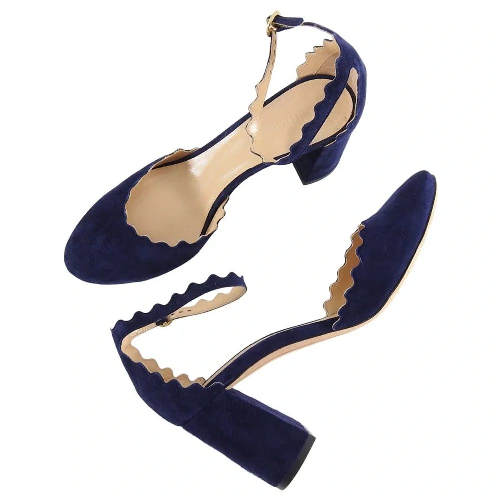 Chloé | Women's Navy Lauren Scalloped Suede D'orsay Block Heel Pumps - Picture 4 of 9